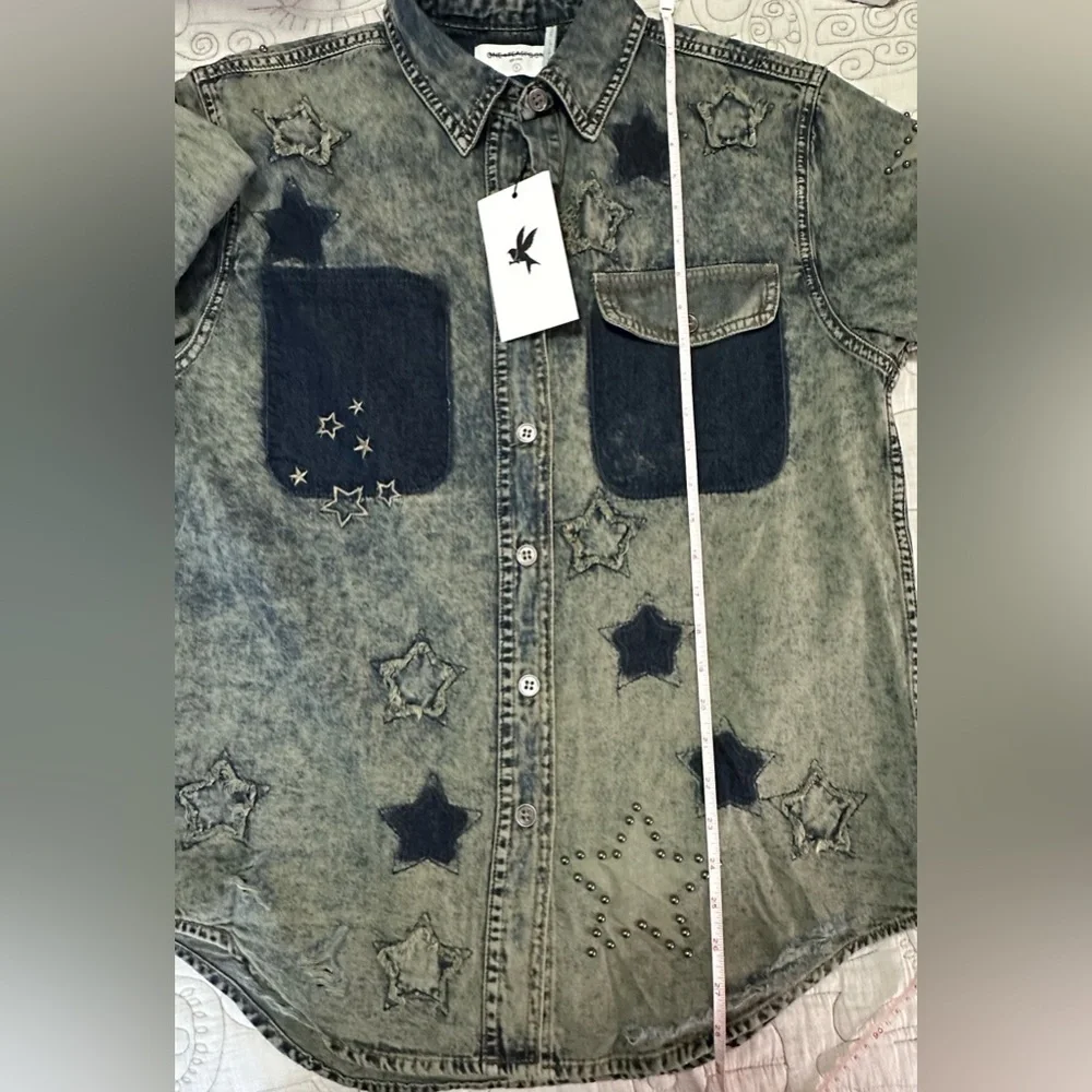 NWT Free People One Teaspoon Everyday Denim Classic Star Shirt S Petrol Green - Picture 11 of 11